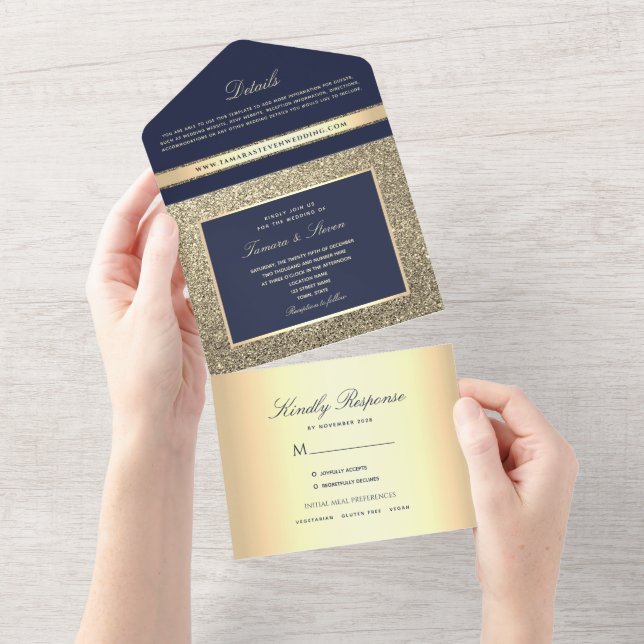 Elégant Faire-part de mariage bleu marine or (Déchirure)