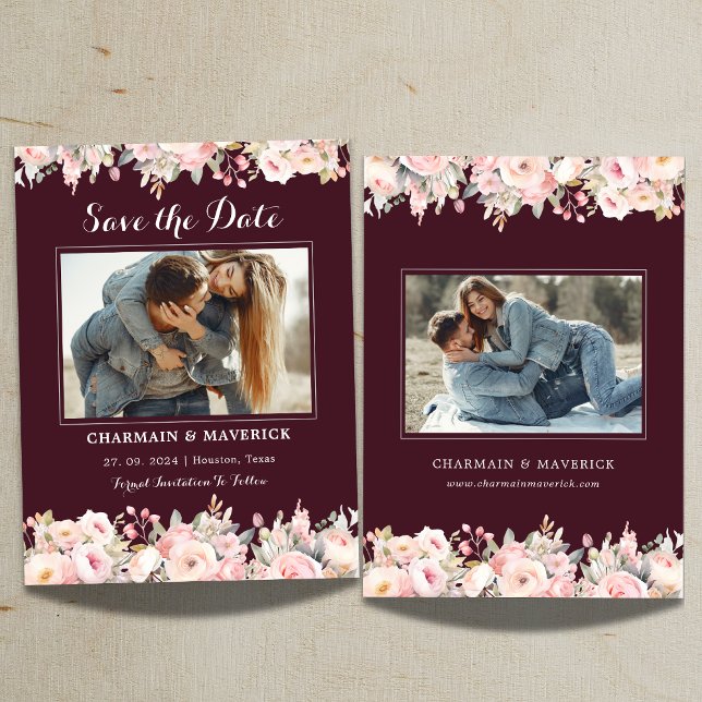 Élégant Faire-part de mariage bordeaux floral rose (Créateur téléchargé)