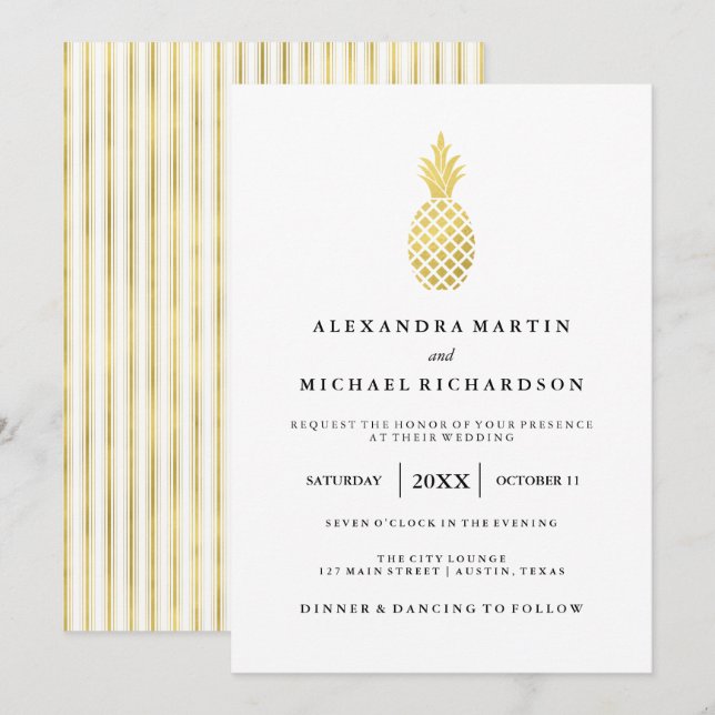 Élégant Faire-part de mariage d'ananas en or (Devant / Derrière)