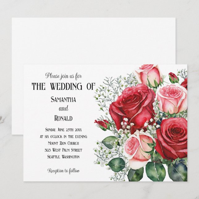 Élégant Faire-part de mariage de roses rouges et r (Devant / Derrière)
