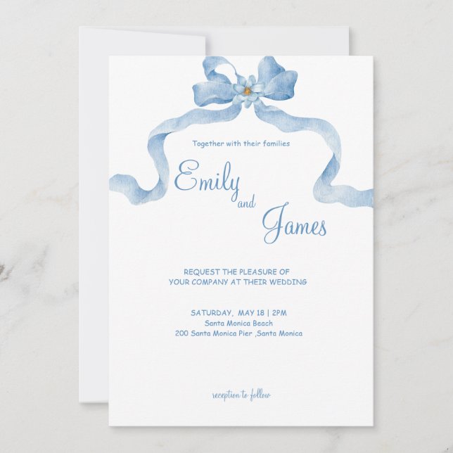 Élégant Faire-part de mariage de ruban bleu (Devant)