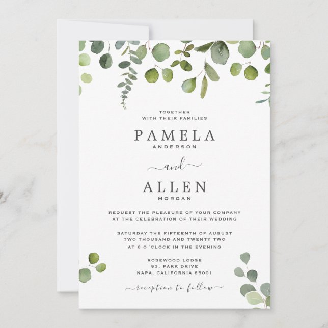 Élégant Faire-part de mariage de script Eucalyptus (Devant)