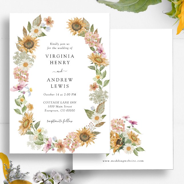Élégant Faire-part de mariage de tournesol (Elegant Sunflower Wildflower Watercolor Wreath Wedding Invitation by Painted Paperie
)
