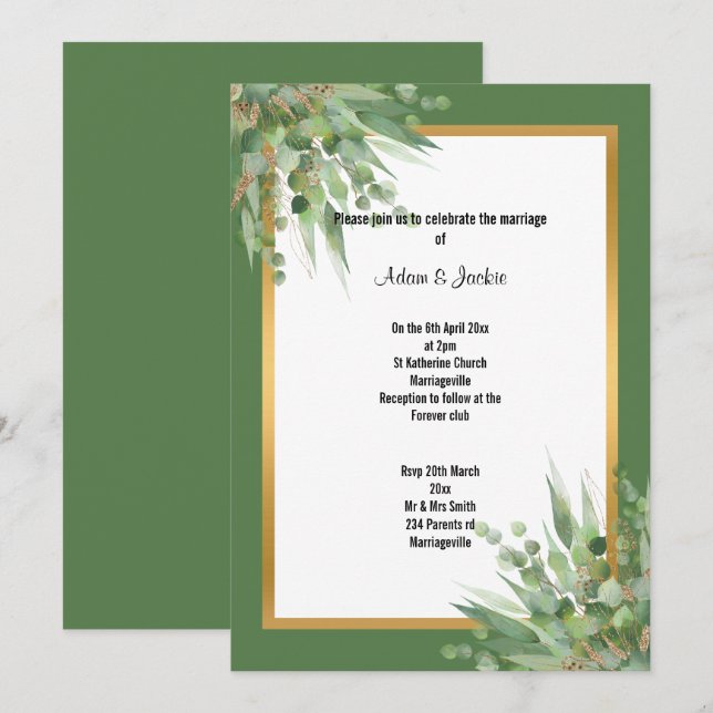 ÉLÉGANT FAIRE-PART DE MARIAGE D'EUCALYPTUS D'OR DE (Devant / Derrière)
