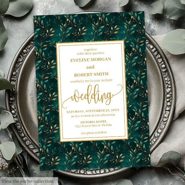 Élégant Faire-part de mariage Emerald Gold Eucalyp (Stylish Emerald Gold Eucalyptus Wedding Invitation)