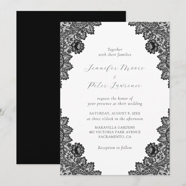 Élégant Faire-part de mariage en dentelle noire (Devant / Derrière)