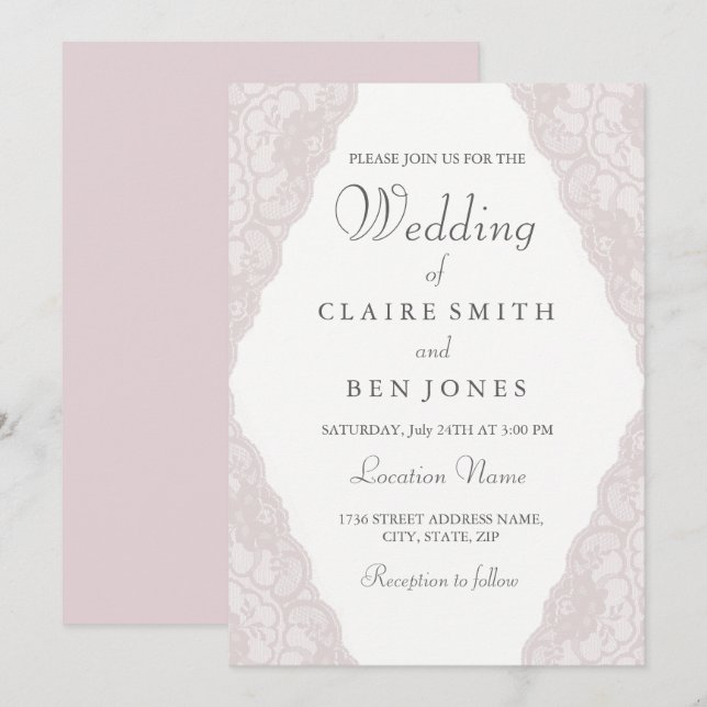 Élégant Faire-part de mariage en dentelle rose Vin (Devant / Derrière)
