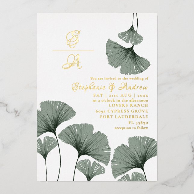 Élégant Faire-part de mariage feuille verte de scr (Recto)