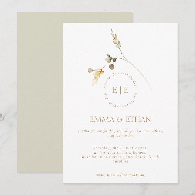 Élégant Faire-part de mariage Floral (Devant / Derrière)