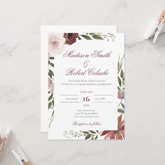 Élégant Faire-part de mariage Floral (Devant/Arrière en situation)