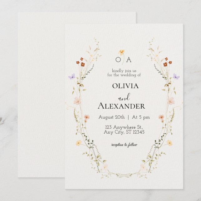 Élégant Faire-part de mariage Floral (Devant / Derrière)