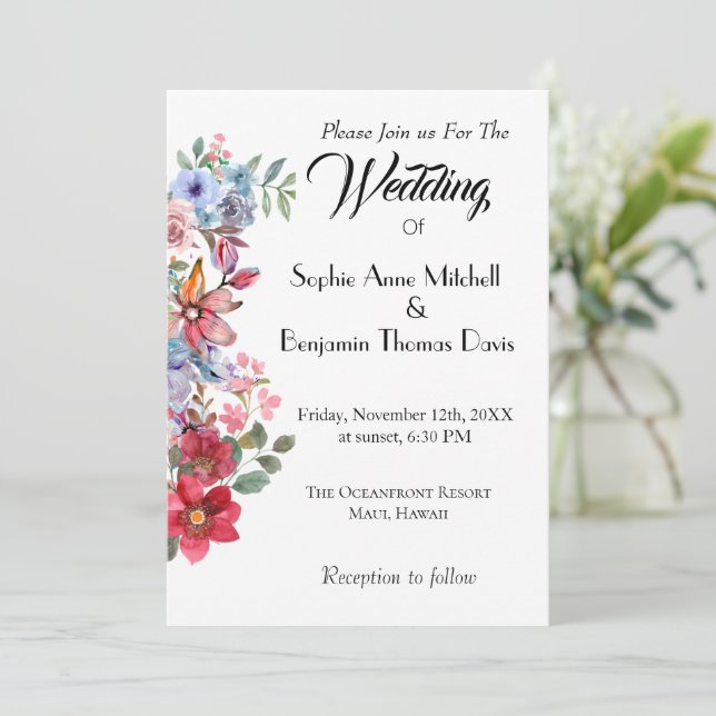Elégant Faire-part de mariage Floral avec Aquarell (Debout devant)
