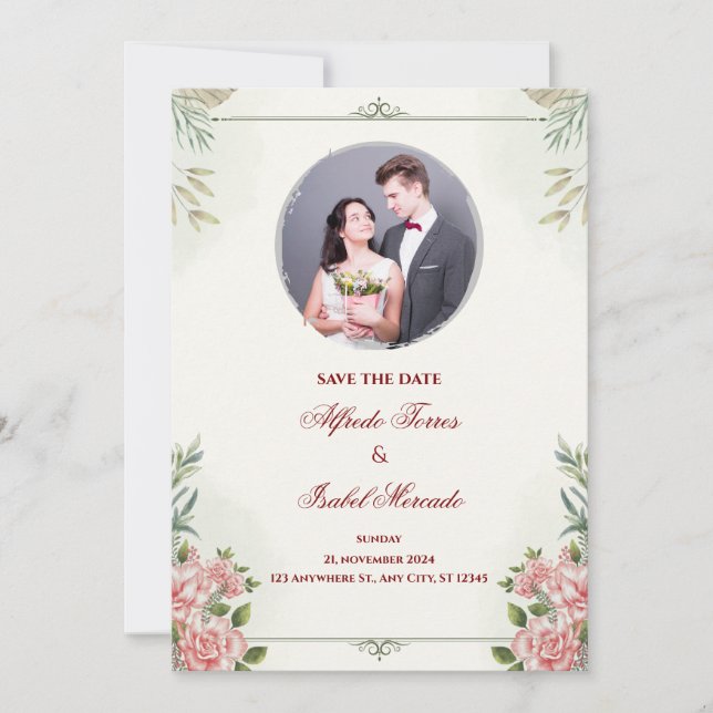 Elégant Faire-part de mariage floral avec photo (Devant)