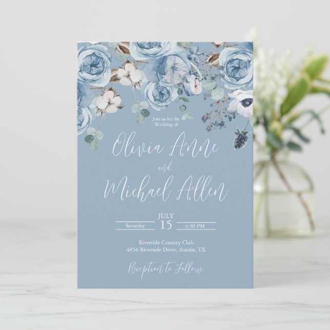 Élégant Faire-part de mariage Floral Bleu (Debout devant)