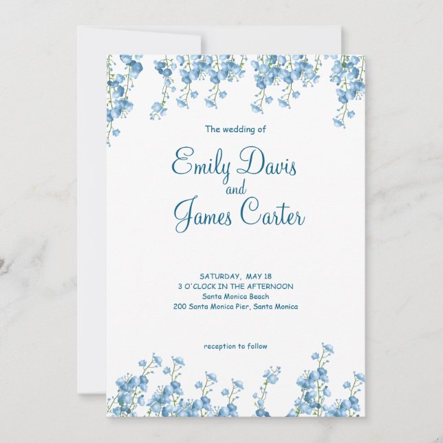 Élégant Faire-part de mariage Floral Bleu (Devant)