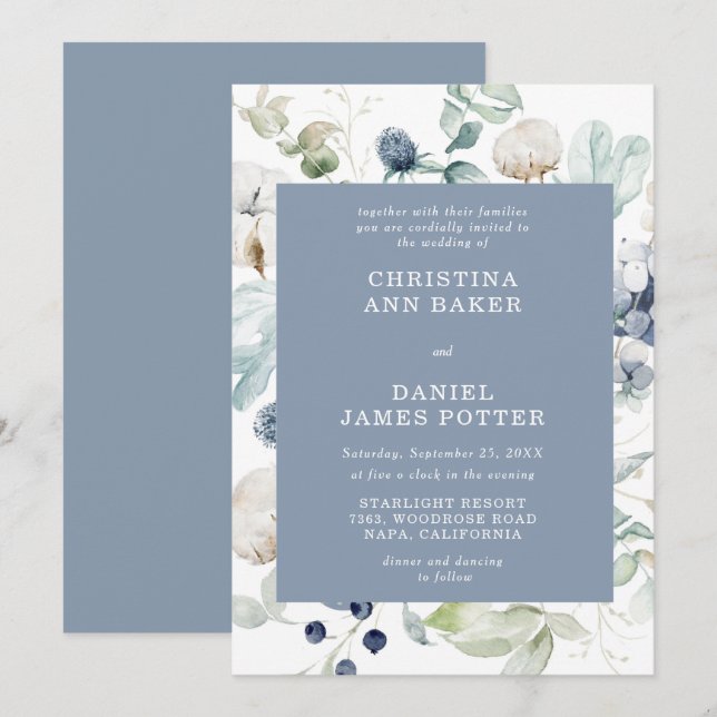 Elégant Faire-part de mariage Floral bleu Dusty (Devant / Derrière)