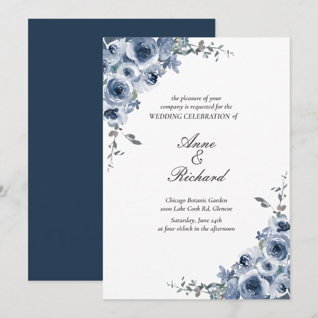 Elégant Faire-part de mariage Floral bleu Dusty (Devant / Derrière)