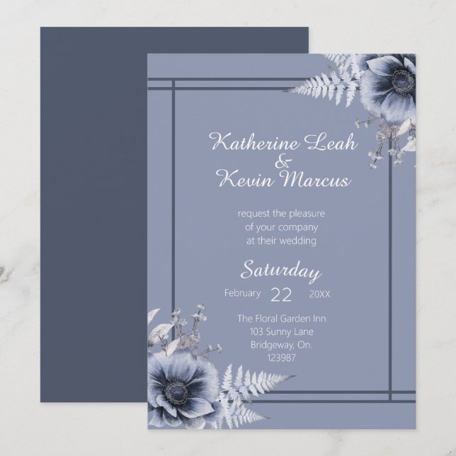 Elégant Faire-part de mariage Floral bleu Dusty (Devant / Derrière)