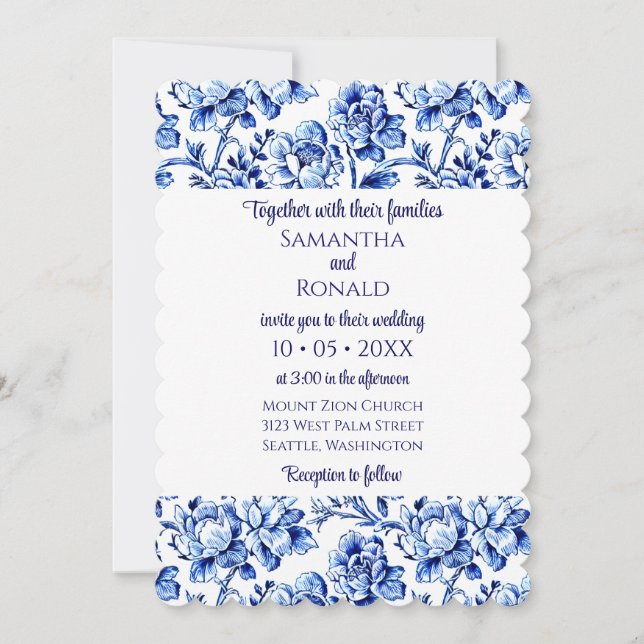 Elégant Faire-part de mariage floral bleu et blanc (Devant)