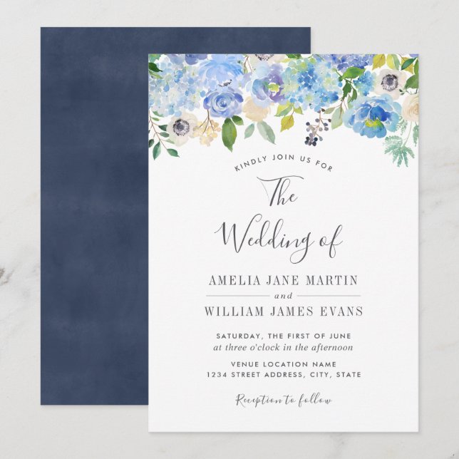 Elégant Faire-part de mariage floral bleu marine (Devant / Derrière)