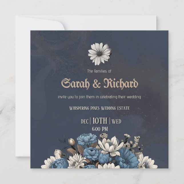 Elégant Faire-part de mariage floral bleu marine (Devant)