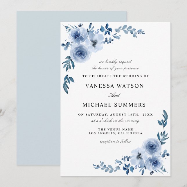 Élégant faire-part de mariage floral bleu poussiér (Devant / Derrière)
