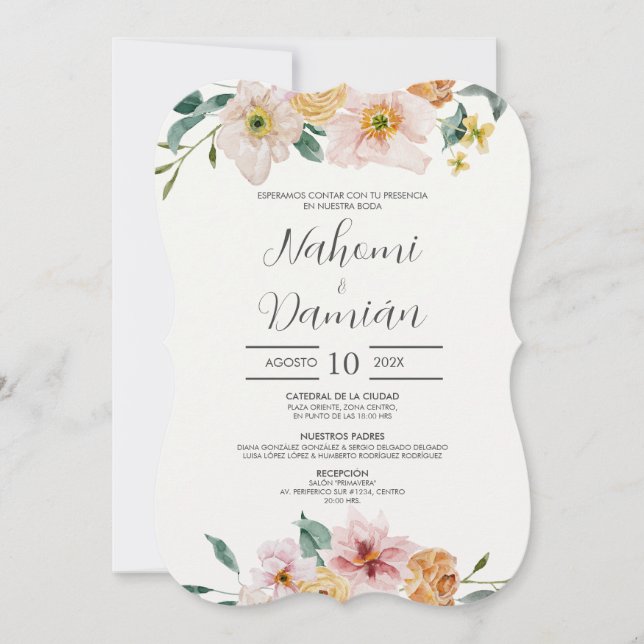 Élégant Faire-part de mariage Floral Espagnol (Devant)
