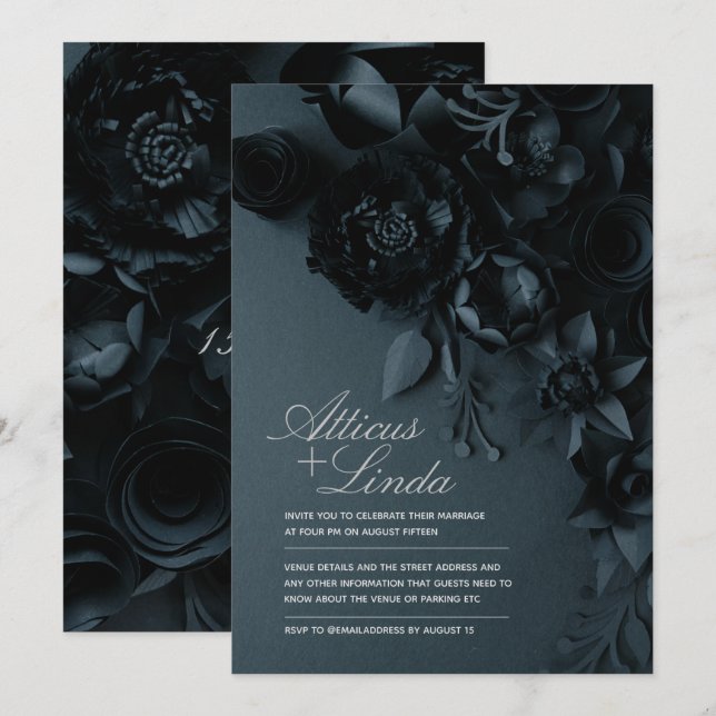 Élégant Faire-part de mariage floral noir et argen (Devant / Derrière)