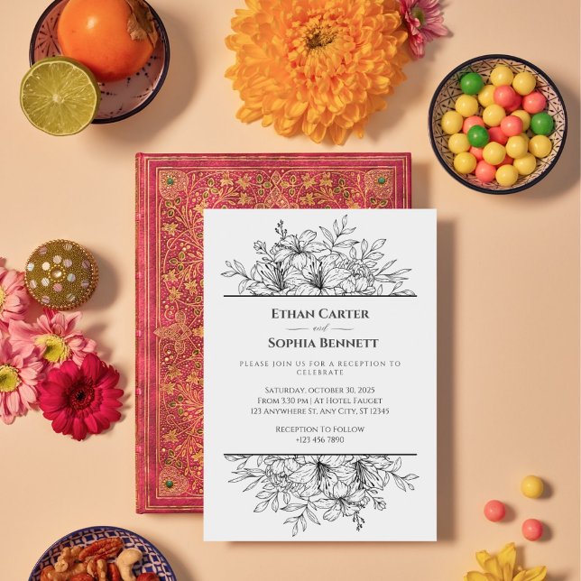 Élégant Faire-part de mariage floral noir et blanc (Créateur téléchargé)