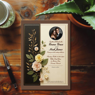 Élégant Faire-part de mariage floral noir et crème