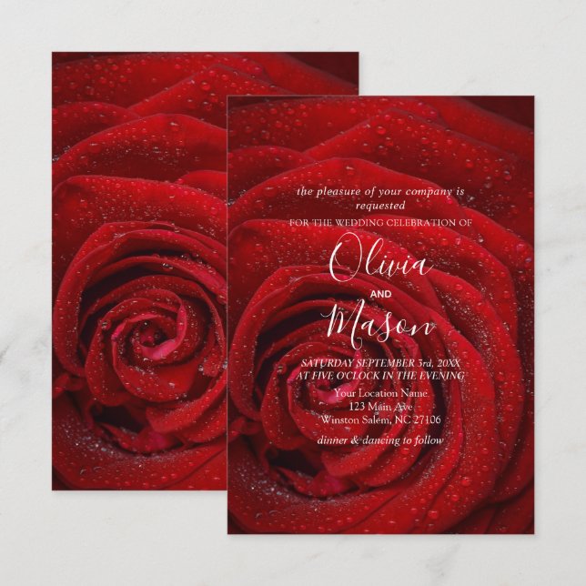 Élégant Faire-part de mariage Floral Rose Rouge (Devant / Derrière)