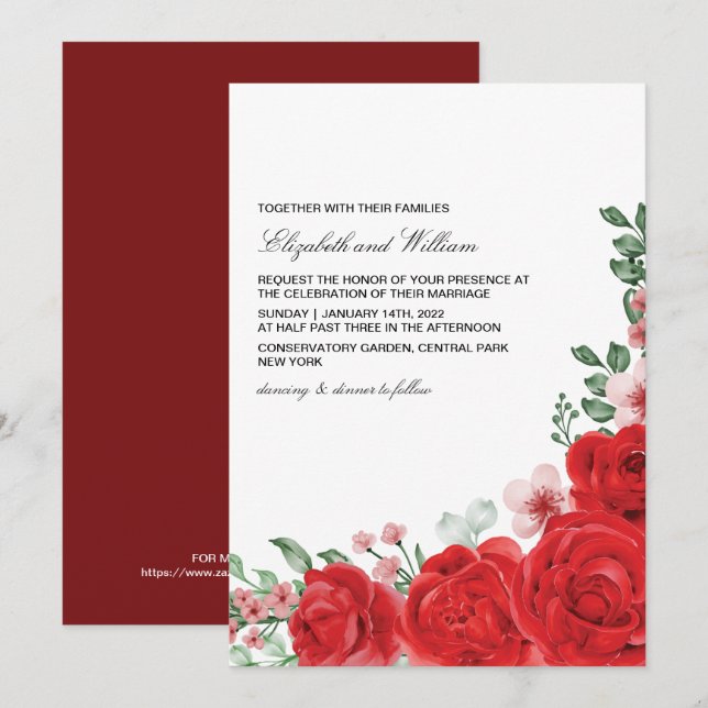 Élégant Faire-part de mariage Floral Rouge (Devant / Derrière)