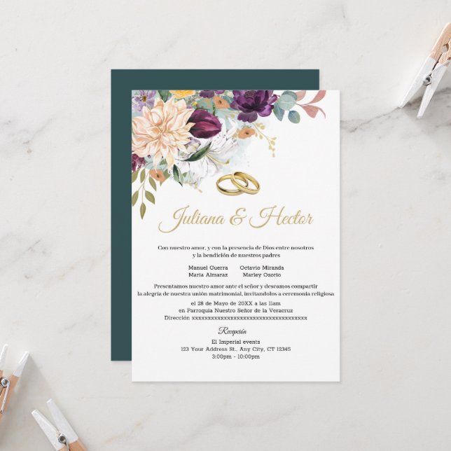 Élégant Faire-part de mariage Floral Turquoise (Devant/Arrière en situation)