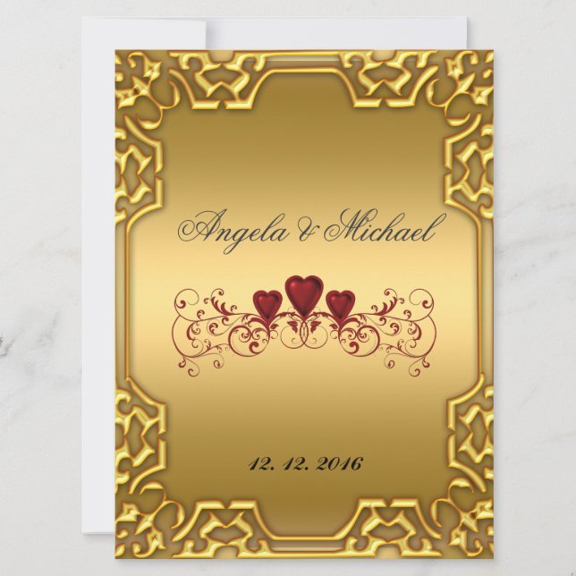 Élégant Faire-part de mariage Gold Red Hearts (Devant)