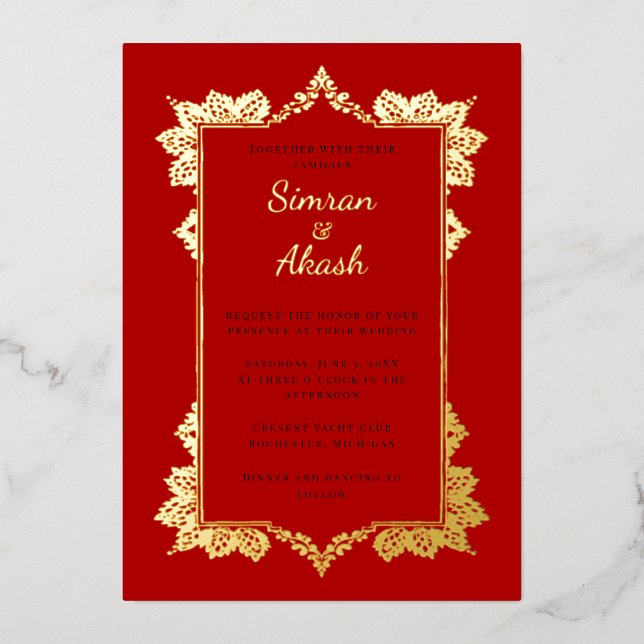 Elégant faire-part de mariage indienne rouge profo (Recto)