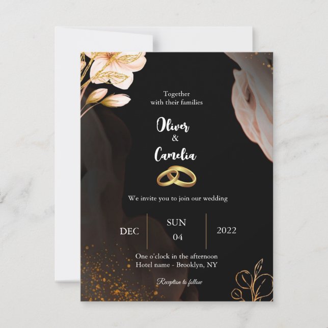 Élégant faire-part de mariage noir et or (Devant)