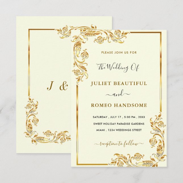 Élégant Faire-part de mariage or Feuilles d'or (Devant / Derrière)