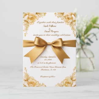 Élégant Faire-part de mariage or floral avec ruban