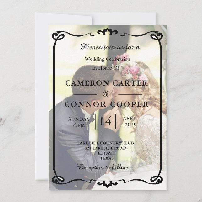 Élégant Faire-part de mariage photo blanc et noir (Devant)