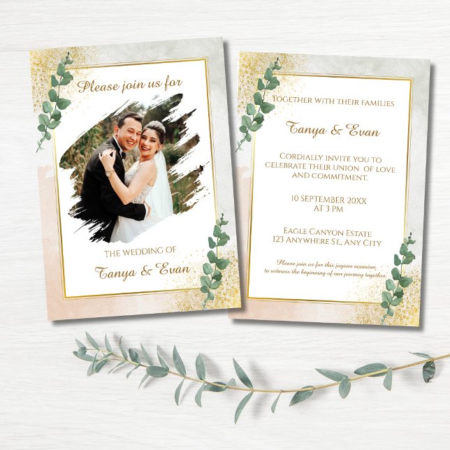 Élégant Faire-part de mariage photo Green & Gold (Elegant Green & Gold Photo Wedding Invitation)