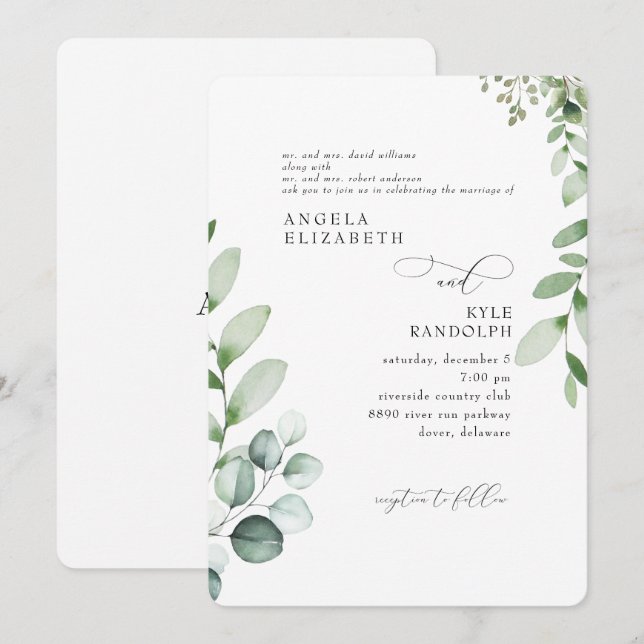 Élégant Faire-Part de Mariage Rond Eucalyptus en C (Devant / Derrière)