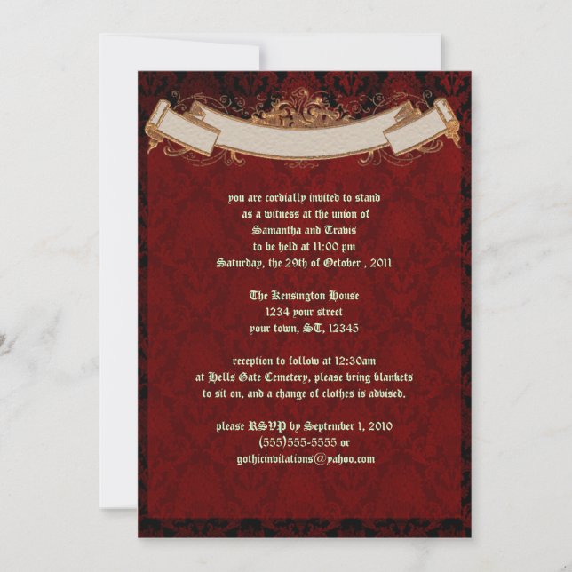 Élégant Faire-part de mariage rouge Damask Goth (Devant)