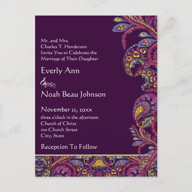 Élégant Faire-part de mariage Vintage Plum Paisley (Devant)