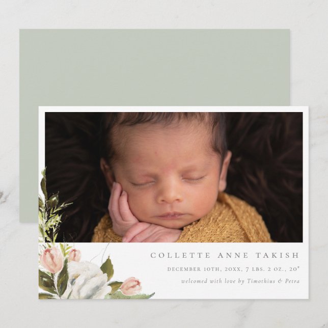 Élégant Faire-part de naissance de photos florales (Devant / Derrière)