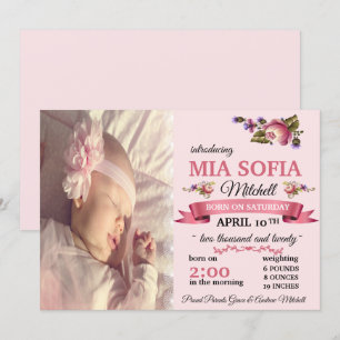 Élégant Faire-part de naissance rose floral
