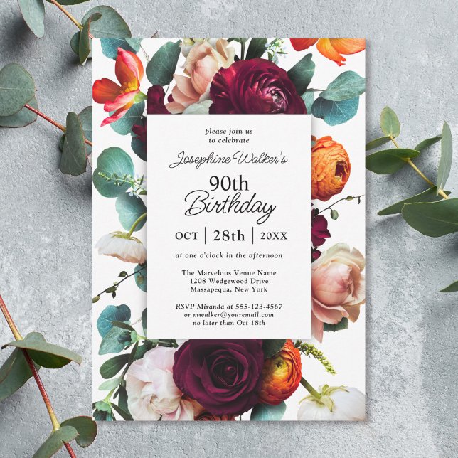 Elegant Fall Floral 90. Geburtstagsparty Einladung (Available in both printed and instant download digital formats.)