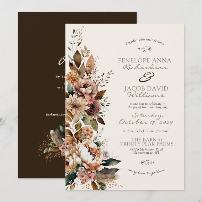 Elegant Fall Floral Dark Brown Boho Autumn Wedding Einladung (Vorne/Hinten)
