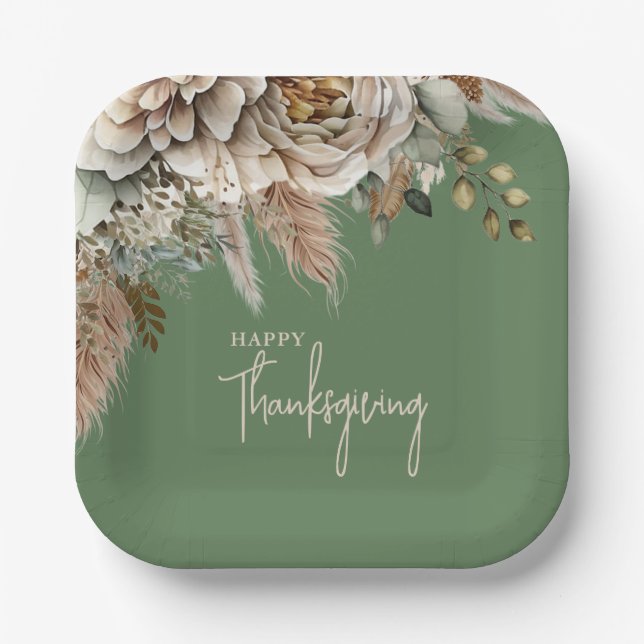 Elegant Fall Floral Happy Thanksgiving Pappteller (Vorderseite)