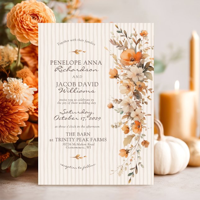 Elegant Fall Floral Ivory Striped Autumn Wedding Einladung (Elegant Fall floral rustic boho modern watercolor flowers boho chic Autumn ivory wedding invitation)