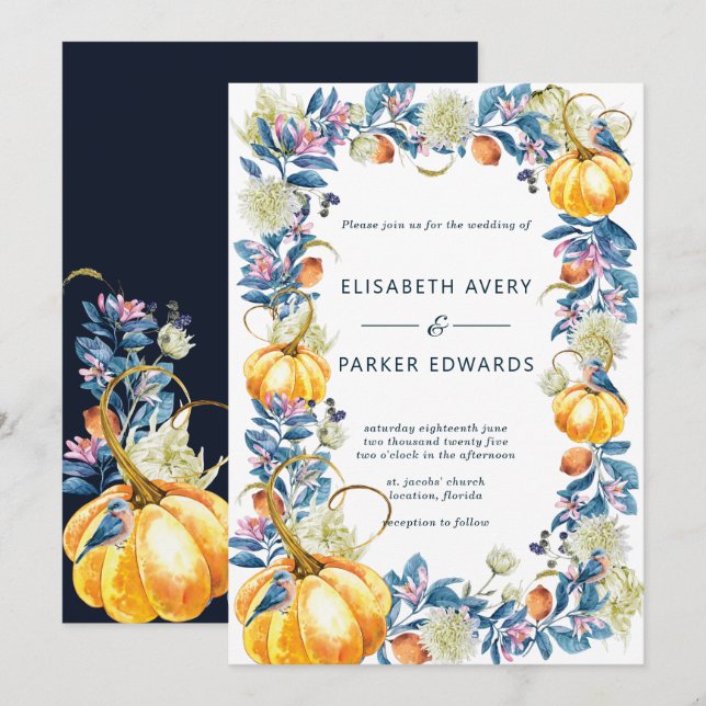 Elegant Fall Floral Pumpkin Hochzeit Einladung (Vorne/Hinten)